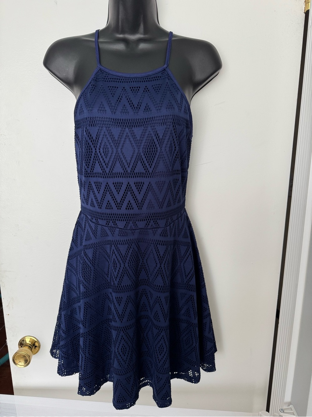 Navy Patterned Fit-and-Flare Dress